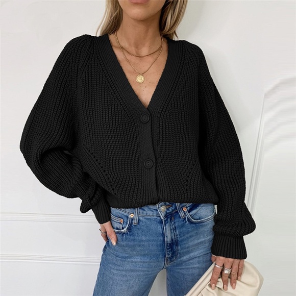 Grey Knit Button Front V-neck Cardigan - Picture 16 of 16